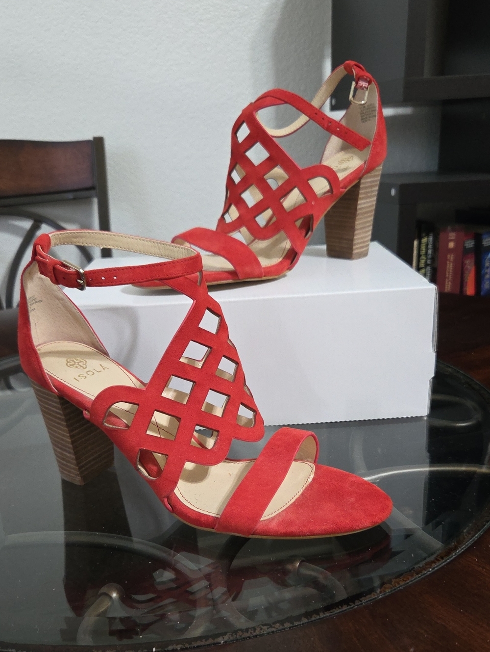 Isola Red Suede Lattice Block Heel Sandals